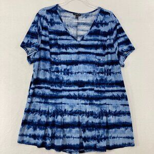 Sami & Jo Top size 2X Blue Tie Dye V Neck Short Sleeve Stretch Boho Festival